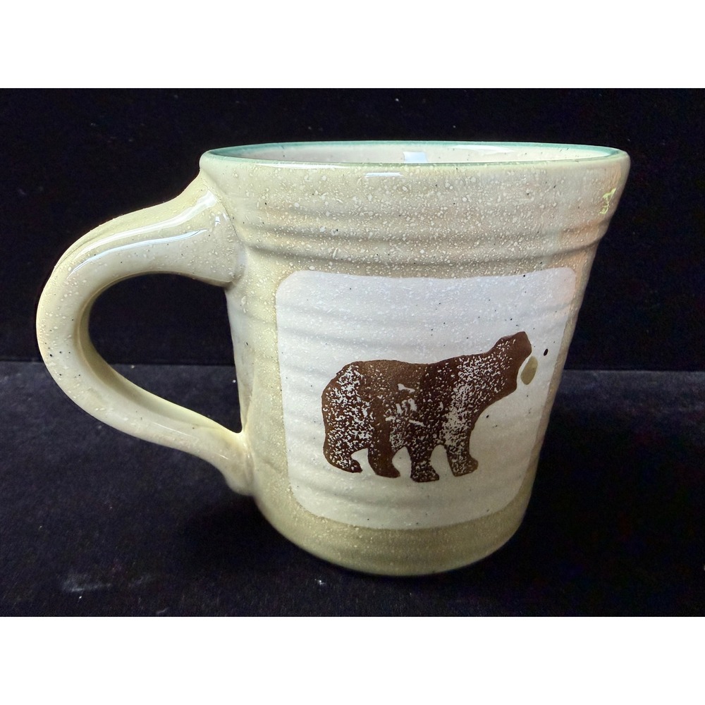 Sonoma Lodge Bear Moose Pine Tree Stoneware Coffee Mug Speckled Cream Teal Rim
